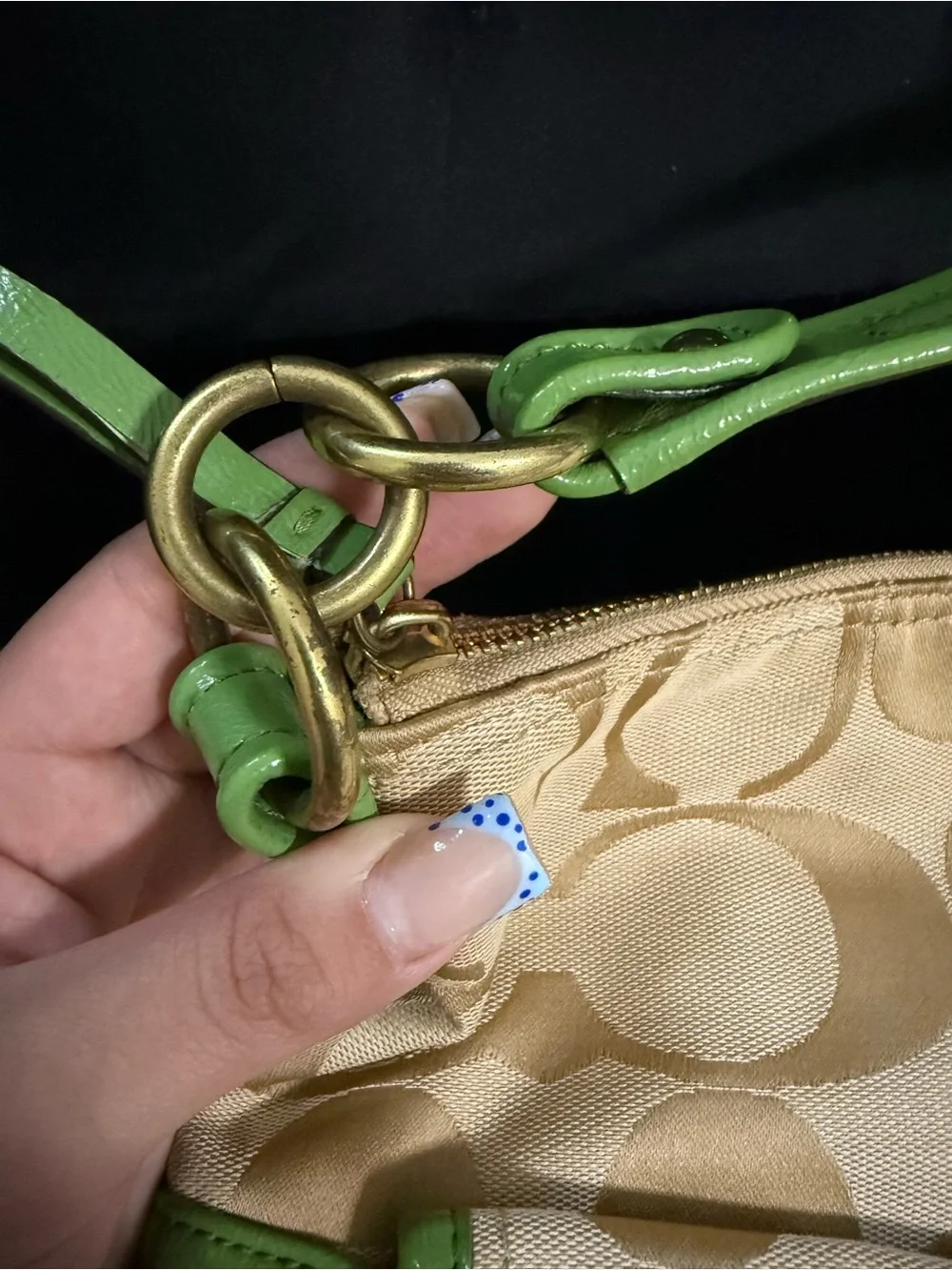 Coach Beige Signature Canvas Shoulder Bag with Green Trim